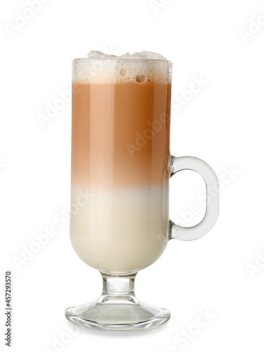 Glass cup of tasty almond latte on white background