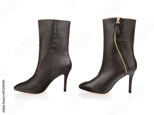 Stylish high heels female black leather boots