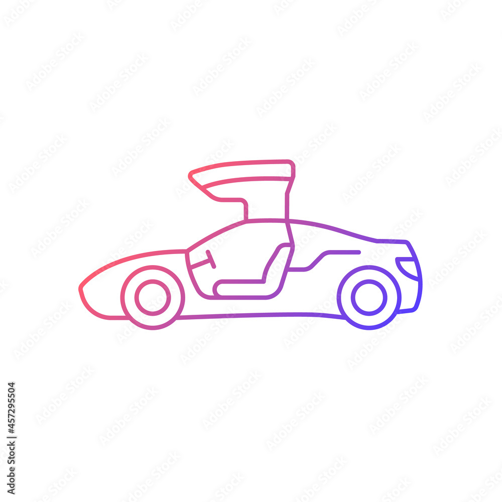 Gullwing-doored vehicle gradient linear vector icon. Automobile with falconwing doors opening upward. Auto door design. Thin line color symbol. Modern style pictogram. Vector isolated outline drawing