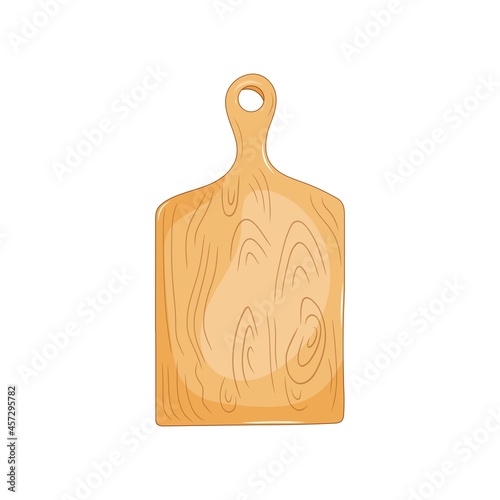 Wooden cutting board in cartoon style on a white isolated background. Kitchen concept, chopping and cooking