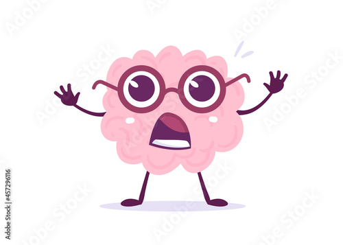 Vector Creative Illustration of Pink Human Brain Character in Glasses with Big Eyes on White Background. Flat Style Education Concept Design of Brain