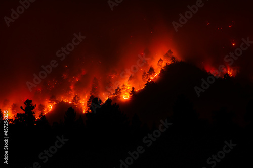 Night view of a forest fire in a steep rocky terrain. Flames, sparks and smoke rise to the sky. Silhouettes of pine trees are visible among the flames.