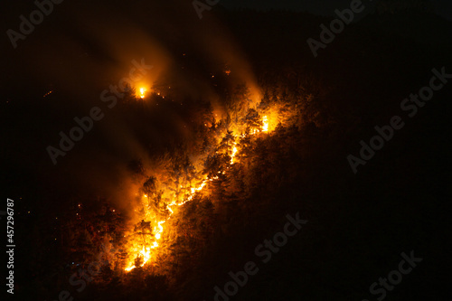 The fire is advancing in a line. Night view of a forest fire in a steep rocky terrain. Flames, sparks and smoke rise to the sky. Silhouettes of pine trees are visible among the flames.