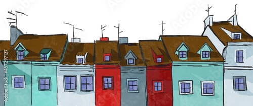 Colour Colored small houses hand-drawn on a white background photo