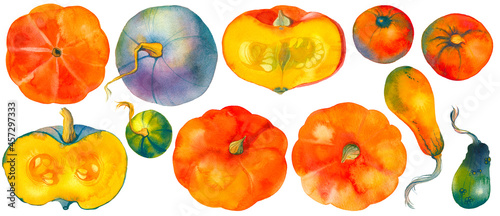 Autumn set of orange, blue, green pumpkins on an isolated white background, watercolor painting, hand drawing illustration