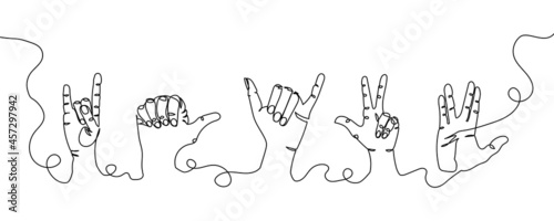 Hand gestures one line set art. Continuous line drawing of goat gesture  greetings  call  music.