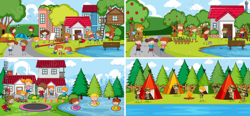 Outdoor scene set with many kids doodle cartoon character