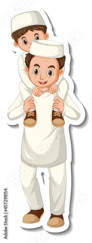 A sticker template with muslim people father and son