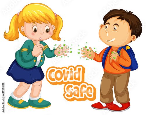 Covid Safe font design with two kids show their dirty hands on white background