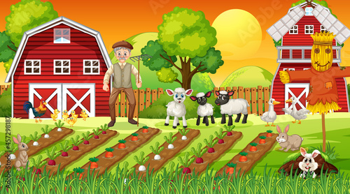 Farm scene at sunset with old farmer man and cute animals