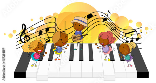 Electronic keyboard with many happy kids and melody symbols on yellow splotch