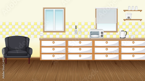 Empty kitchen room with counter cabinet and parquet floor