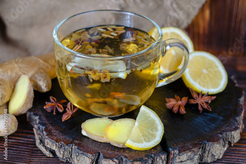 Healing herbal tea with lemon and ginger