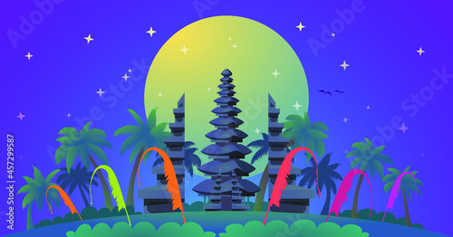 Fototapeta Naklejka Na Ścianę i Meble -   Night view Bali temple background with coconut trees and big moon on the back