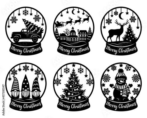 Snow globe vector set. Paper cut template. Merry Christmas phrase. Snowman, tree, snowflake, truck, deers, gnomes, Santa. For postcard, window and wall decorations. Illustrations isolated on white.
