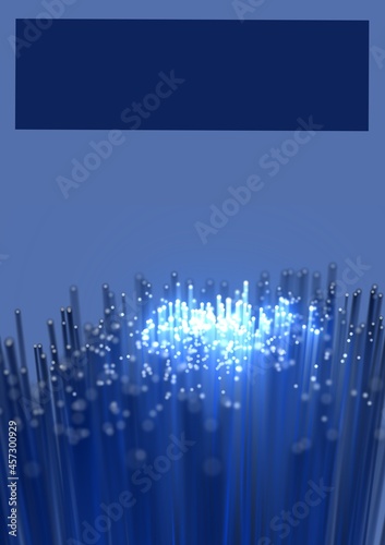 Blue banner with copy space against glowing fiber optic strings against blue background