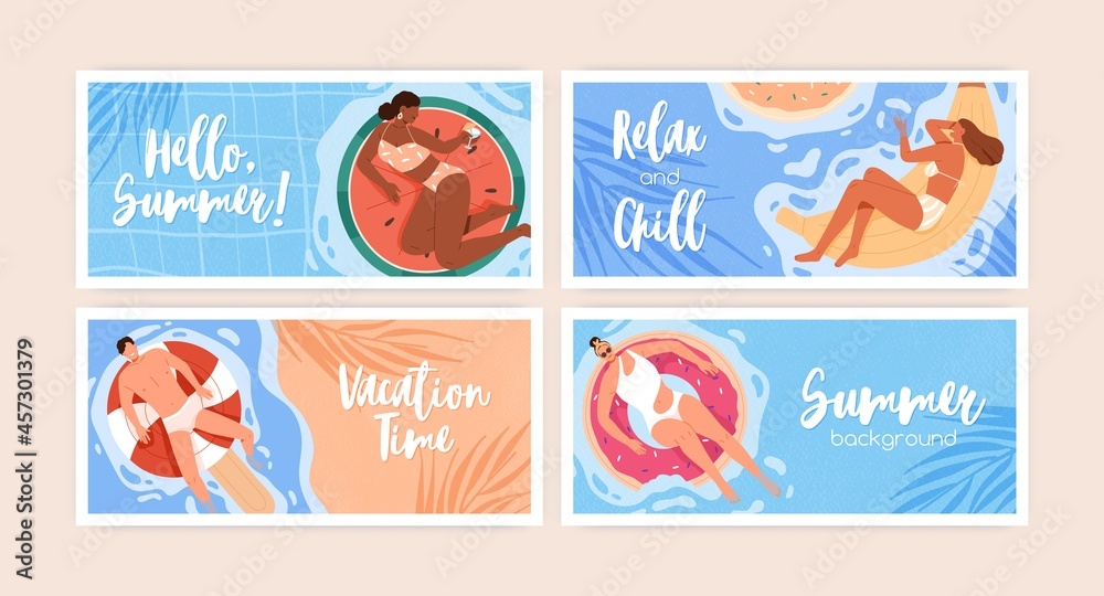 Set of summer holiday backgrounds with happy people relaxing and sunbathing in water with pool rings and beach mattresses. Banners with summertime sea resorts. Colored flat vector illustrations