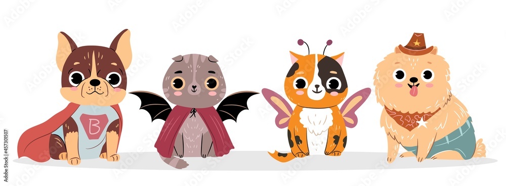 Cats and dogs in costumes for Halloween. Set of cute isolated baby bulldog, scottish fold cat, spitz. Flat vector cartoon illustration
