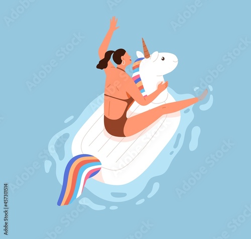 Happy woman having fun and floating on rubber ring in pool on summer holidays. Person swimming on inflatable beach funny unicorn in water with pleasure and joy. Colored flat vector illustration