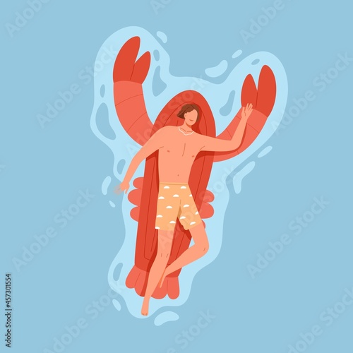 Man relaxing and floating on inflatable beach mattress in pool. Happy person ...