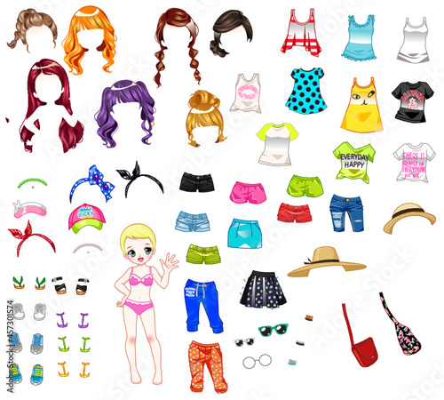 Baby girl fashion icon set Vector .set of clothes for children.Cute Doll With Nice Clothes 