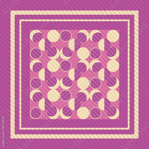 Vector ornament, pattern of lunar cycles: eclipse, full moon, waning moon, new moon with dotted diagonals. Pink, lilac, violet, yellow. For textiles, wrapping paper, tissue.