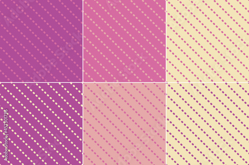 6 vector seamless companion patterns with dotted diagonals, lines. Pink, lilac, violet, yellow. For textiles, wrapping paper, tissue.
