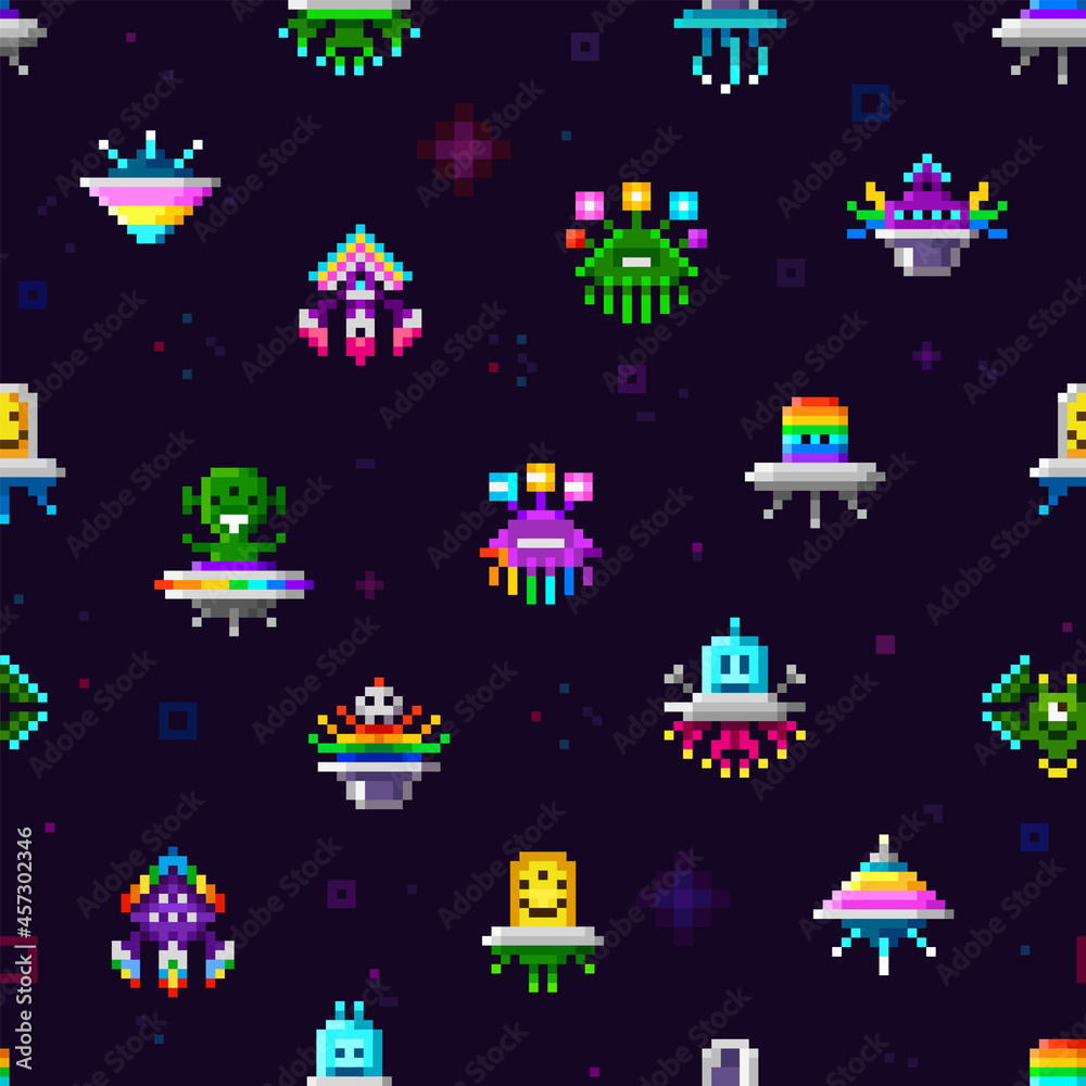 Pixel Art space monsters and ufo aliens - cute colorful vector seamless pattern. Robot invader characters for retro video game arcade  endless background