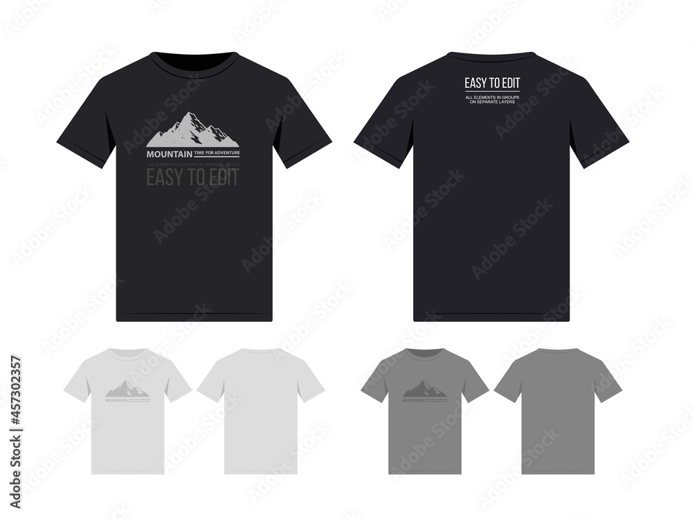 Naklejka premium Vector t-shirt mockup set of black, white, grey colors with silhouette of mountain print design. Front and back tshirt isolated from white