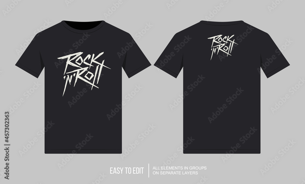 Vector black t-shirt mockup with rock n roll print design. Front and back tshirt isolated from grey - obrazy, fototapety, plakaty 