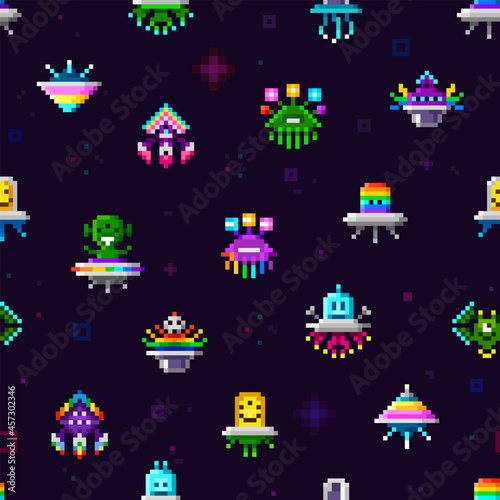 Pixel Art space monsters and ufo aliens - cute colorful vector seamless pattern. Robot invader characters for retro video game arcade  endless background © VRTX