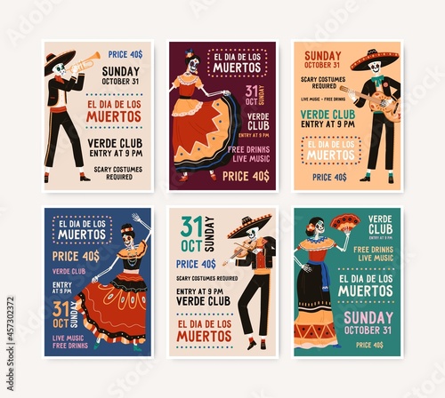 Invitation flyers for Mexican Day of Dead, translation of El Dia de Los Muertos. Posters set for Death holiday party in Mexico. Template designs of ads placards. Colored flat vector illustrations