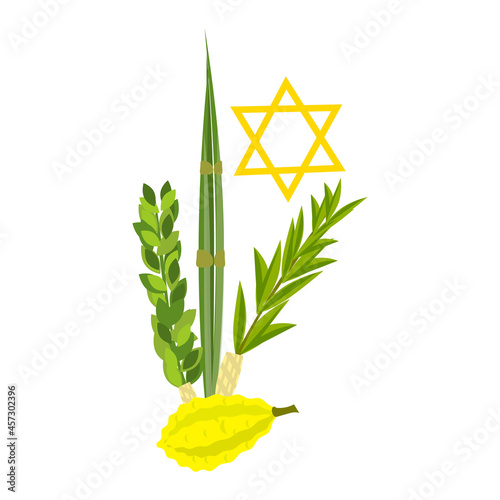 Jewish festival of Sukkot traditional symbols judaism religion festival citrus willow vector illustration. Citron leaf lemon succot festive fruit culture.