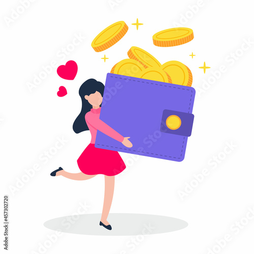 Happy woman holds a big money wallet or purse with golden coins. Creative finance concept of savings, rich or wealth. Simple trendy cute cartoon vector illustration. Flat style graphic design element.