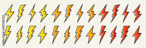 Yellow lightning bolt icons collection. Flash symbol  thunderbolt. Simple lightning strike sign. Vector illustration.