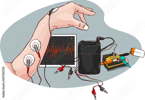 An experiment in recording electrical impulses or EMGs (electromyograms) of muscles vector illustration