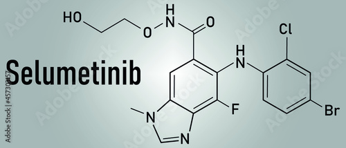 Selumetinib cancer drug molecule (MEK1 and MEK2 inhibitor). Skeletal formula.