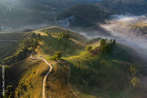 Mountain landscape with morning fog, at the forest edge, in Apuseni Mountains, Romania