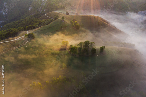 Mountain landscape with morning fog, at the forest edge, in Apuseni Mountains, Romania
