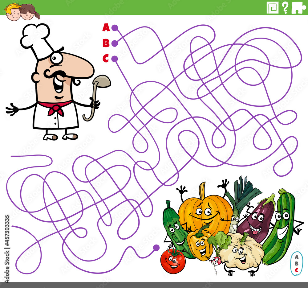 maze game with cartoon chef and vegetables