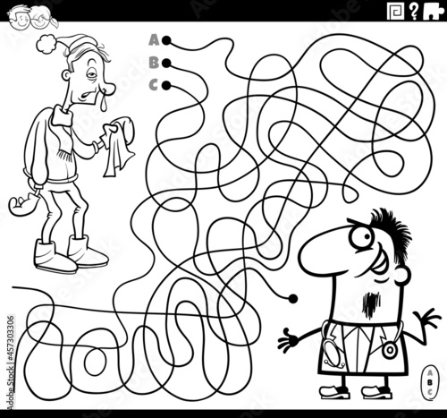 maze with doctor and sick guy coloring book page