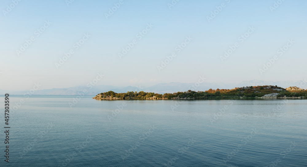 View of the island in Lake Skadar in Montenegro at sunset