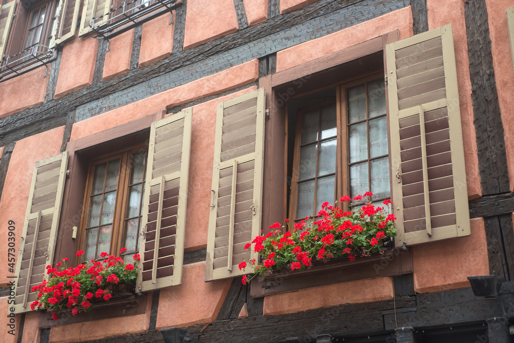 closeup of red geraniums on medieval building facade in the street closeup of red geraniums on medieval building facade in the street