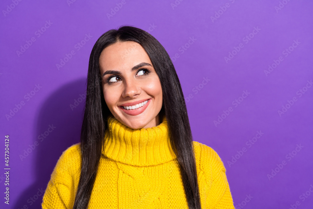 Portrait of pretty positive lady toothy smile look interested empty space isolated on purple color background Portrait of pretty positive lady toothy smile look interested empty space isolated on purple color background