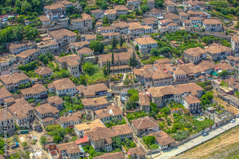 View from above of red roofs and houses