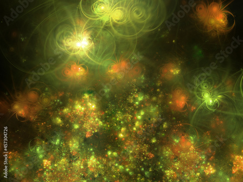 Abstract fractal art background suggestive of bioluminescent plants or insects, such as a swarm of fireflies.