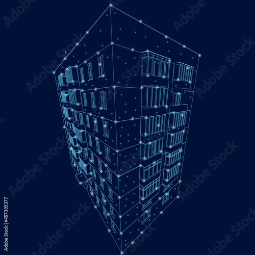 The contour of a multi-storey building made of blue lines on a dark background with glowing lights. 3D. Vector illustration