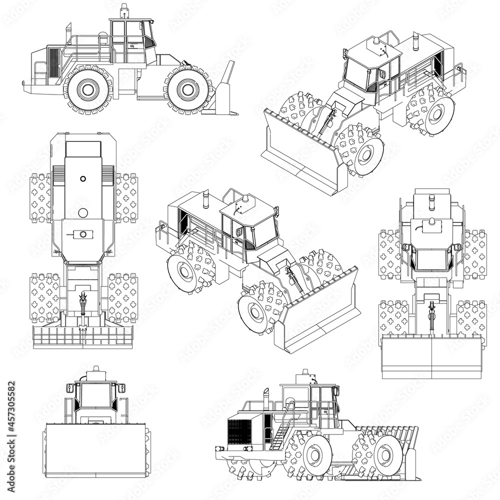 Set with the contours of the bulldozer from black lines Isolated on white background. 3D. Vector illustration
