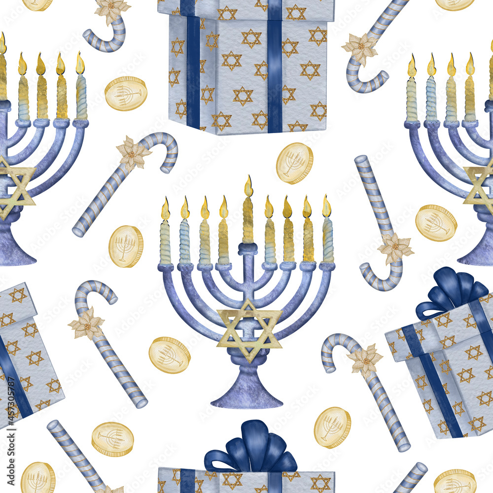 Fotografie Hanukkah blue and gold seamless pattern