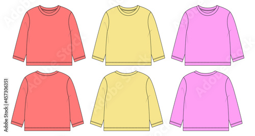 Cotton jersey long sleeve t shirt top dress for kids. Technical fashion flat sketch vector illustration template.  Multi color Set of Collection  purple, yellow, pink color Apparel drawing Mock up.